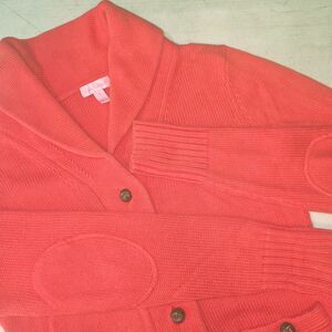 LILLY PULITZER Cardigan Womens Small Coral Pink Sweater Shawl Collar Elbow Patch